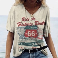 US Route 66 Pattern 3D Printed Women's V-Neck T-Shirt - Comfortable & Stylish