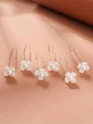 6入組新娘髮飾套裝，包括珍珠設計髮棒、髮夾、U型夾、髮叉，適用於韓式髮型、優雅波西米亞風格