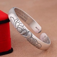 Vintage Lotus Silver Bracelet Female Sterling Silver 9999 Open Solid Ethnic Style Scripture Gift for