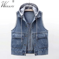 Casual Hooded Short Denim Vests Women Streetwear Detachable Hat Sleeveless Jean Jackets Chalecos Spr
