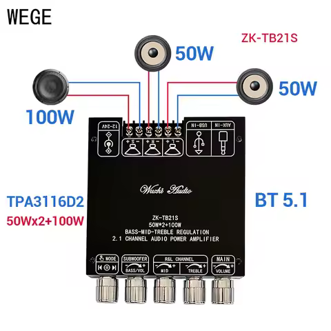 WEGE ZK-TB21S TB21 MT21S MT21 2.1 Channel 2*50W+100W TPA3116D2 BT Audio Amplifier Power Subwoofer Tr