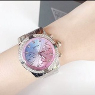 正品 GUESS 手錶(W0774L1)漸層色錶盤銀色鋼錶帶石英女生三眼計時時尚腕錶38mm