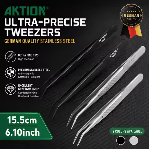 AKTION Professional Anti-Static Tweezers Precision Curved Tip German Steel Tools for Electronics Rep
