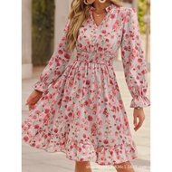 Ready Stock ebay Floral Stitching Floral Print Long Sleeve Dress Women20251030