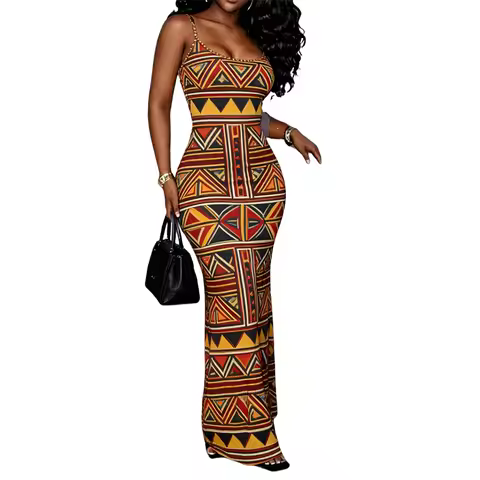 Women African Ankara Elegant Spaghetti Straps Polyester Casual Summer Waisted Long Dress