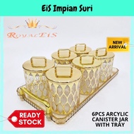6pcs Acrylic Canister Jar with Nordic Style Tray SetAcrylic Airtight Round Canister Gold Balang kuih raya