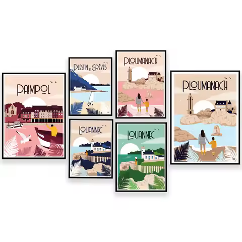 Travel posters, Paimpol, Loannec, Ploumanac'h, Plestin-les-Grèves posters Brittany travel pink grani