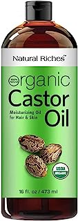 Natural Riches Organic Castor Oil Cold pressed USDA certified for Dry Skin Hair Loss Dandruff Thicker Hair - Moisturizes Skin Helps Hair growth Thicker Eyelashes Eyebrows Hexane free16 fl. oz.