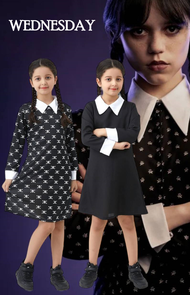 ชุดแฟนซี คอสเพลย์ เวนส์เดย์ น้องวันพุธ ครอบครัมอดัมส์ สำหรับ ฮาโลวีน Wednesday Addams Dress Kid Cost