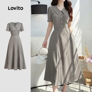 Lovito Elegant Dress Button Front Spring/summer Khaki Dress for Women LBL29355 Lovito Gaun Elegan Be