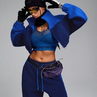 Women Casual Sports Two-Tone Cropped Zip-Up Teddy Fleece Jacket And Drawstring Waist Jogger Pants Su