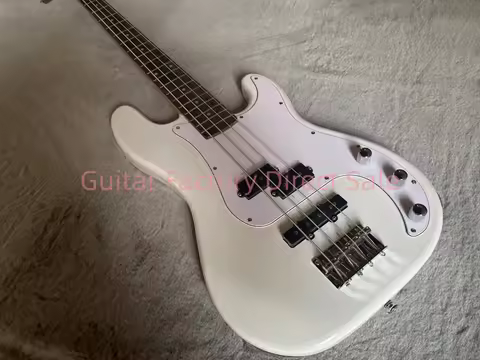 In stock! 4-string white PJ bass with chrome hardware and white protective cover