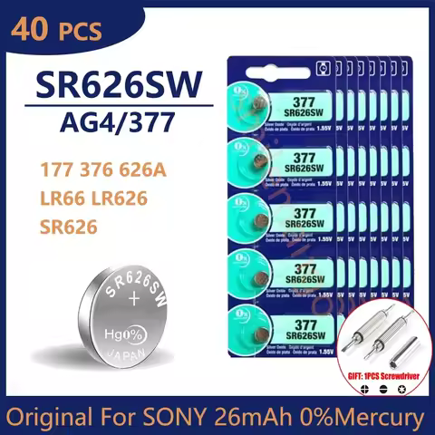 40PCS Original For SONY AG4 377 Button Batteries SR626SW SR626 177 376 626A LR66 Cell Coin Alkaline 