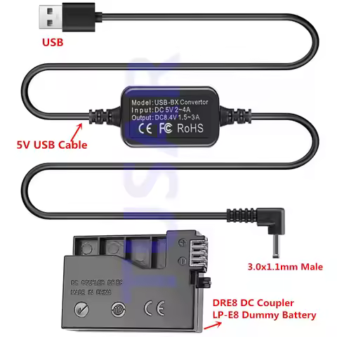 LP-E8 Dummy Battery DR-E8 DC Coupler ACK-E8 AC Power Supply Adapter Kit Compatible with Canon EOS Re