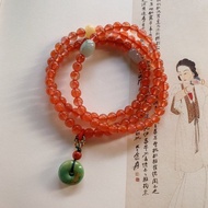錦窗。天然保山飄紅瑪瑙三圈手串 翡翠葫蘆蜜蠟古典綠松石平安扣
