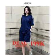 STREET WEAR Jewis Shorts Set Charcoal Green Collar with Heart Logo Printed with White Stripes Person