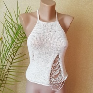 棉質 Y2K 針織露臍上衣女式鉤針吊帶上衣鏤空夏季背心領帶
