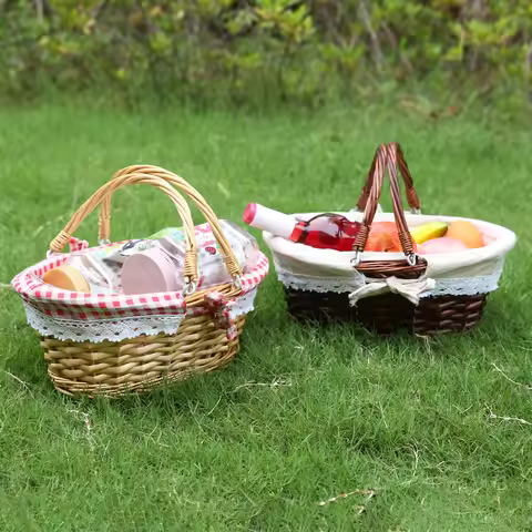 Picnic Basket with Handle Rattan Woven Basket with Dual Handles Multipurpose Portable Basket for Pic
