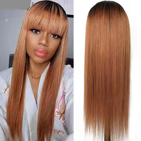 100% Human Hair Wigs with Bang Ombre Ginger Brown Straight Wear go Machine Made Wig with Neat Fringe