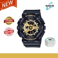 [2-Year Warranty] Women's Watch 100% Original Baby-G BA-110 Women's Model Black and Gold Resin Strap