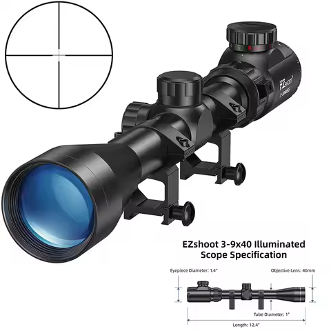 EZshoot 3-9x40 Rifle Scope Red Green Illuminated Riflescope Crosshair Reticle Optics with 20mm Scope