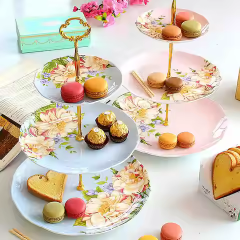 6+8+10inch, Fine Bone China Floral Cake Plate Stand, Beauty Party Buffet Serving Set. Bbq Trays Deco