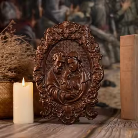 Holy Family Wooden Icons Catholic Religious Items, Home Wall Decor, Wood Carved Byzantine Icons, Cre