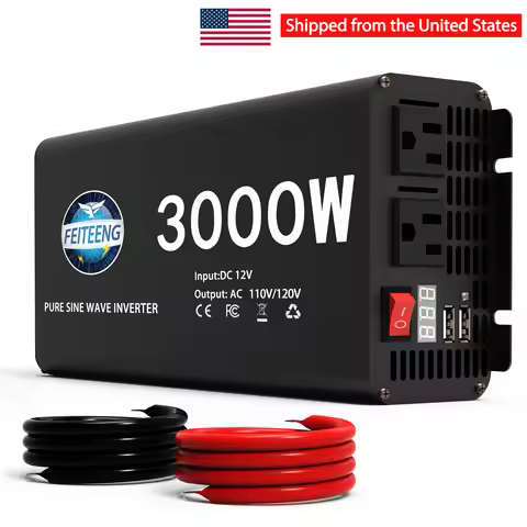 3000W Pure Sine Wave Power Inverter 12V to 110V 120V AC with Outlets USB Type-C for RV Camping Batte