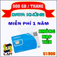 FREESHIP - CHƯA KÍCH HOẠT. (Có eSIM) Sim 4G 5G Vinaphone U1500 500GB/Tháng. Trọn gói 1 năm KHÔNG NẠP