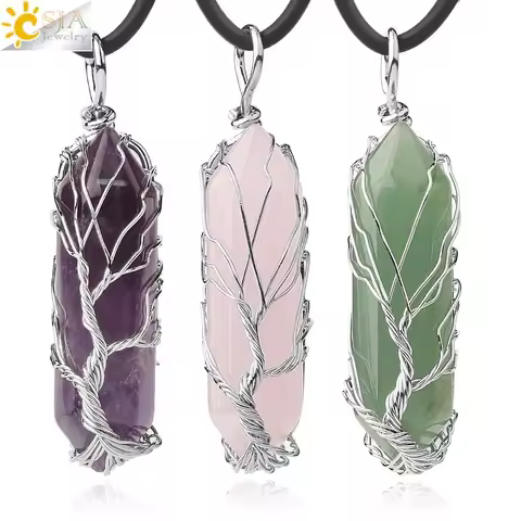 CSJA Crystals Necklace Stone Natural Crystal Pendant Hexagonal Silver Color Life Tree Wire Wrap Wome