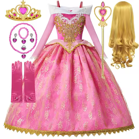 Girl Aurora Princess Dress Children Luxurious Cosplay Costume Rose Pink Briar Rose Outfit Kids Carni