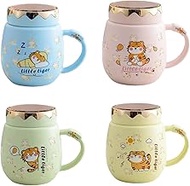 CAPIJIONG 380ml Cartoon tiger large-capacity practical ceramic mug creative with a lid mirror cute c