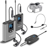 Alvoxcon UHF Dual Channel Wireless Lavalier Microphone System with Volume Control for iPhone, DSLR, PA Speaker, YouTube, Podcast, Video Recording, Conference, Vlogging, Church, Interview, Teaching