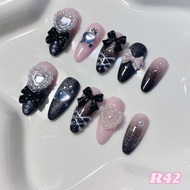 ೀ⋆。 R42 Black Pink Fake Gel Nails cat eyes ️
