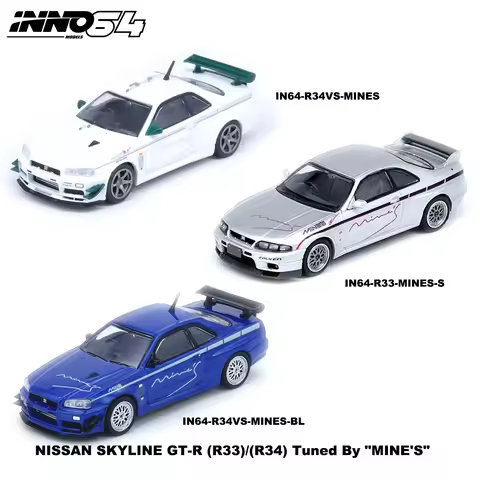 INNO64 1:64 Mines Tuned Nissan Skyline GT-R Diecast Model 3 Optional Versions R34VS White / R33Silve