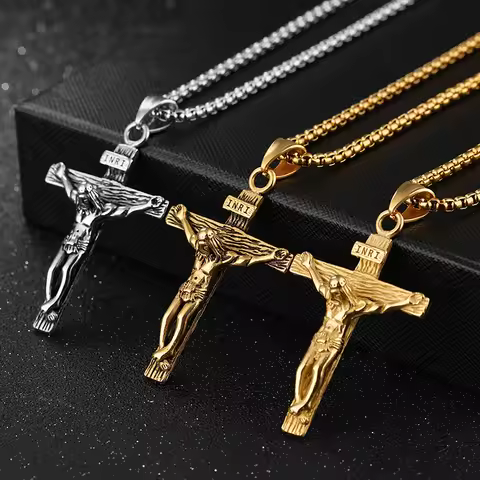 Religious Jesus Cross Stainless Steel Necklace For Men Fashion Gold Silver Color Cross Pendent With 