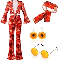 5 Pcs 60s 70s Women Hippie Costume Set Disco Outfit Women Headband Earrings Sunglasses Pants for Hal