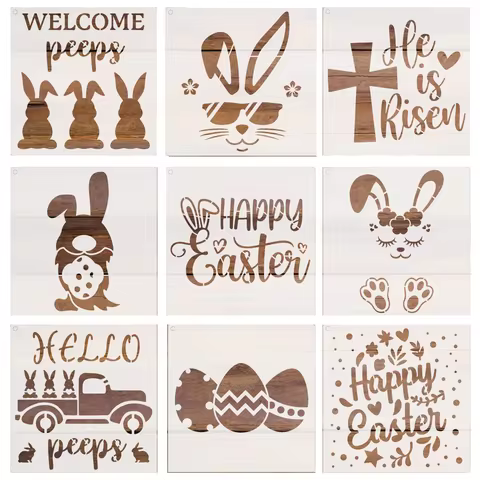 9PCS Easter Stencil Set 5.9x5.9 Inch Bunny Egg Quote DIY Painting Template for Home Decor