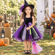 2026 Girls Witch Tutu Dress Kids Elphaba Wicked Witch Costume with Witch Hat Broom Toddler Hallowee