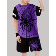 Boys' 3D Printed Spider-Themed T-Shirt & Shorts Set - & Purple Graphic Pullover with Web D