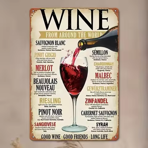 Metal Tin Sign Wall Art - Global Wine Theme Featuring Sauvignon Blanc, Merlot & Cabernet Sauvignon -