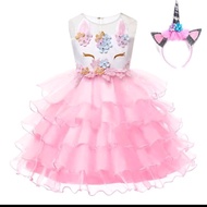 dress baju princess anak perempuan baju pesta ulang tahun unicorn - pink 3-4 thn
