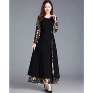 FANMU long dress korea lengan panjang/Gaun hitam elegan bermotif bunga