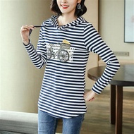 S-3XL Long-Sleeved Versatile t-Shirt~Striped Printed t-Shirt Women Hooded Cotton Body-Shirt Loose Mo