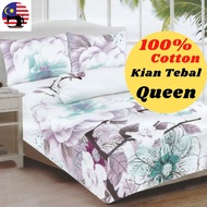 Queen Cadar,Getah Keliling Bedsheets 4-IN-1 100% Cotton  Cadar Queen Kain Sejuk Tebal Bedding Bedshe
