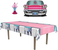 Beistle 50’s Rock & Roll Party Decor Bundle – Pink Convertible Photo Prop, Soda Shop Stools Tablecov