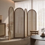 Retro Style Solid Wood Rattan Folding Screen Blocking Partition Famous Hotel Office Foldable Simple 