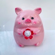 Piggy Holding Flowers Round Hole KT 20x19cm Savings Piggy Bank Savings Piggy Bank Savings Piggy Bank