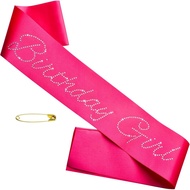 Hot Pink Birthday Girl Sash with Glitter Rhinestones, Funny Happy Birthday Sash for Girls or Women O