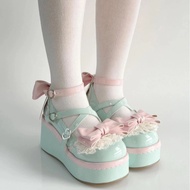 Mint Green Young cos Lace Bow Shoes lolita Thick Sole
